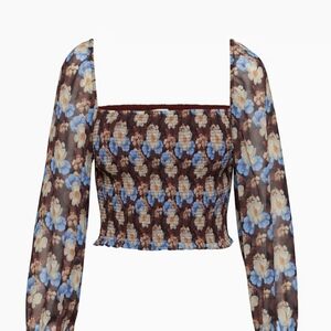 Wilfred Floral Blouse with Sheer Sleeves in Brown and Blue